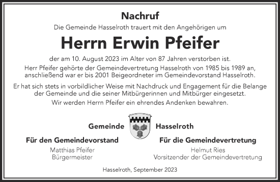 Traueranzeige von Erwin Pfeifer von Gelnhäuser Neue Zeitung