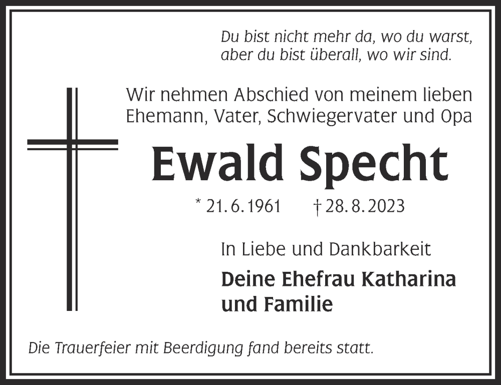  Traueranzeige für Ewald Specht vom 09.09.2023 aus Mittelhessen-Bote