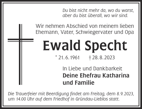 Traueranzeige von Ewald Specht von Gelnhäuser Neue Zeitung