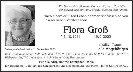 Traueranzeige von Flora Groß von Mittelhessen-Bote