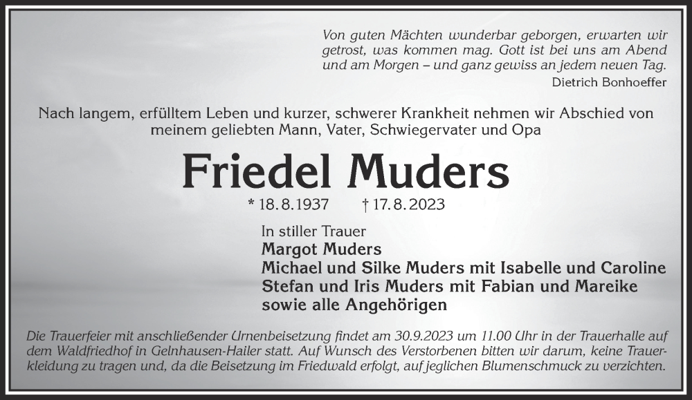  Traueranzeige für Friedel Muders vom 23.09.2023 aus Gelnhäuser Neue Zeitung
