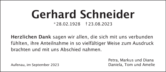 Traueranzeige von Gerhard Schneider von Gelnhäuser Neue Zeitung