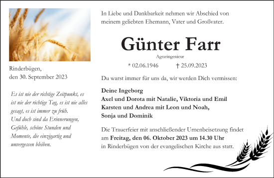Traueranzeige von Günter Farr von Gelnhäuser Neue Zeitung