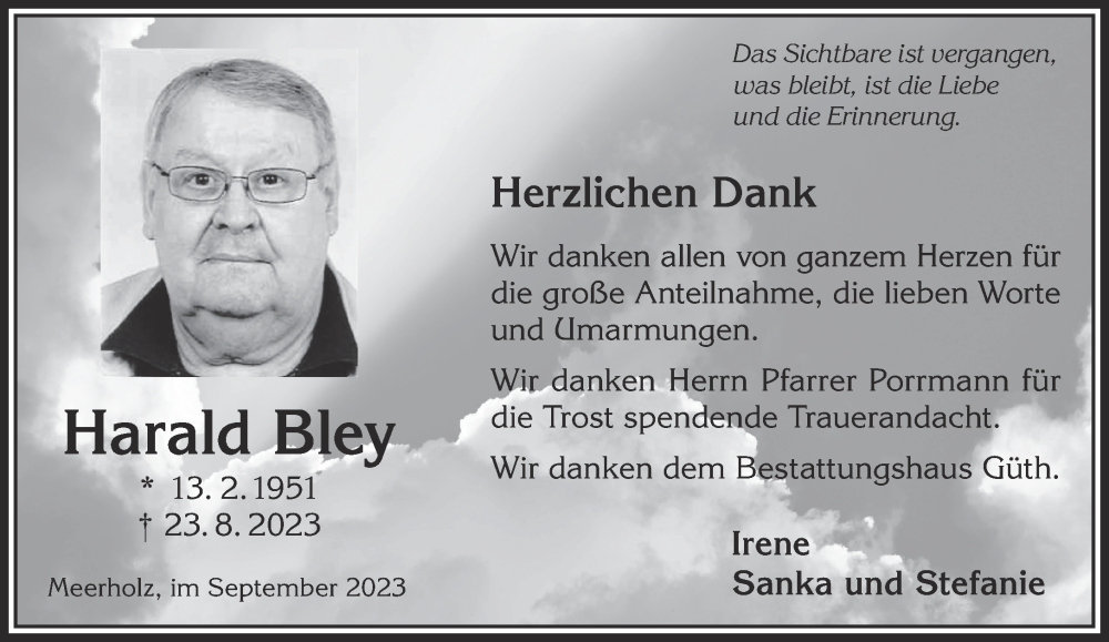  Traueranzeige für Harald Bley vom 30.09.2023 aus Mittelhessen-Bote