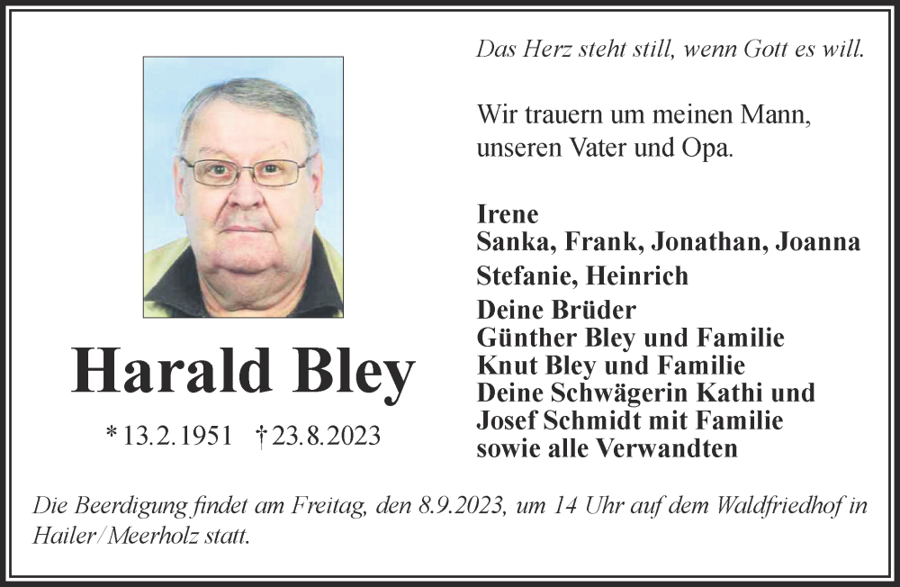  Traueranzeige für Harald Bley vom 02.09.2023 aus Gelnhäuser Neue Zeitung