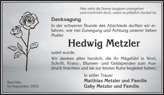 Traueranzeige von Hedwig Metzler von Gelnhäuser Neue Zeitung