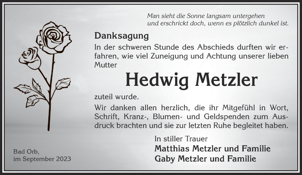  Traueranzeige für Hedwig Metzler vom 16.09.2023 aus Mittelhessen-Bote