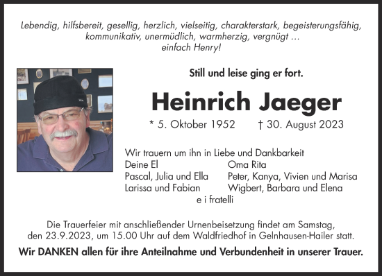 Traueranzeige von Heinrich Jaeger von Gelnhäuser Neue Zeitung