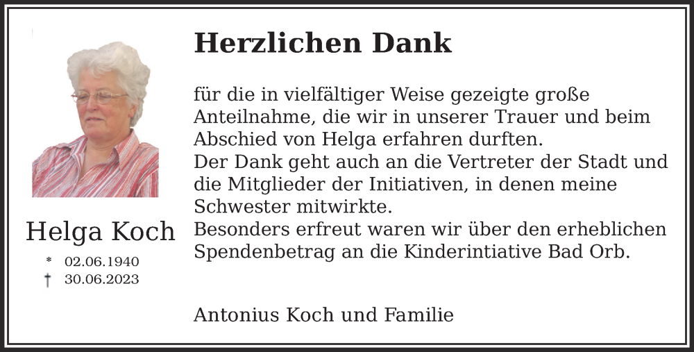  Traueranzeige für Helga Koch vom 30.09.2023 aus Gelnhäuser Neue Zeitung