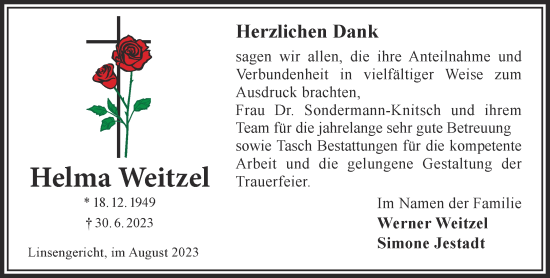 Traueranzeige von Helma Weitzel von Gelnhäuser Neue Zeitung