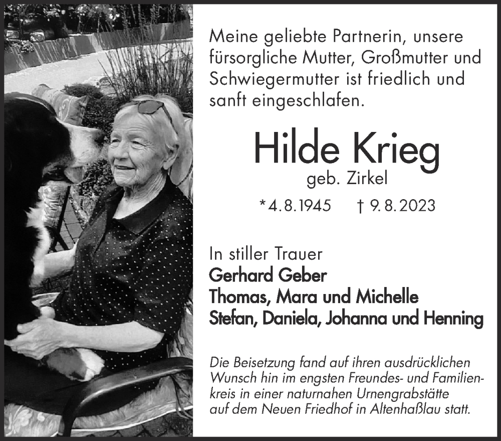  Traueranzeige für Hilde Krieg vom 09.09.2023 aus Gelnhäuser Neue Zeitung