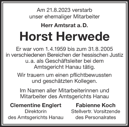 Traueranzeige von Horst Herwede von Gelnhäuser Neue Zeitung