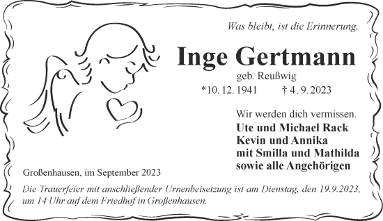 Traueranzeige von Inge Gertmann von Gelnhäuser Neue Zeitung
