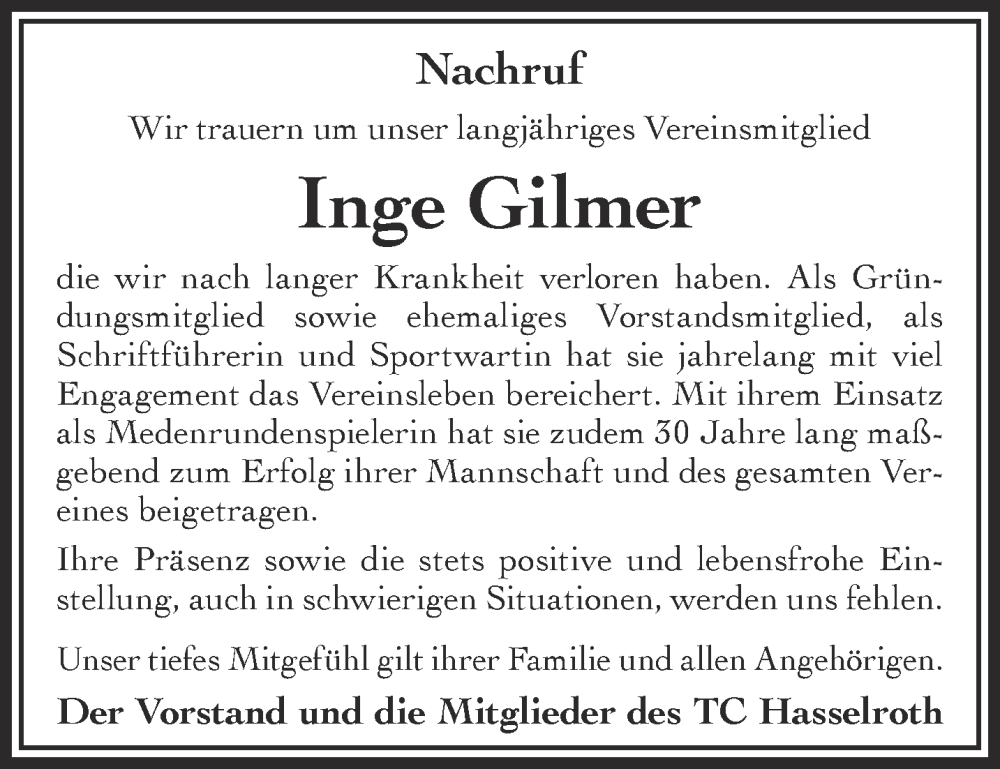  Traueranzeige für Inge Gilmer vom 23.09.2023 aus Mittelhessen-Bote