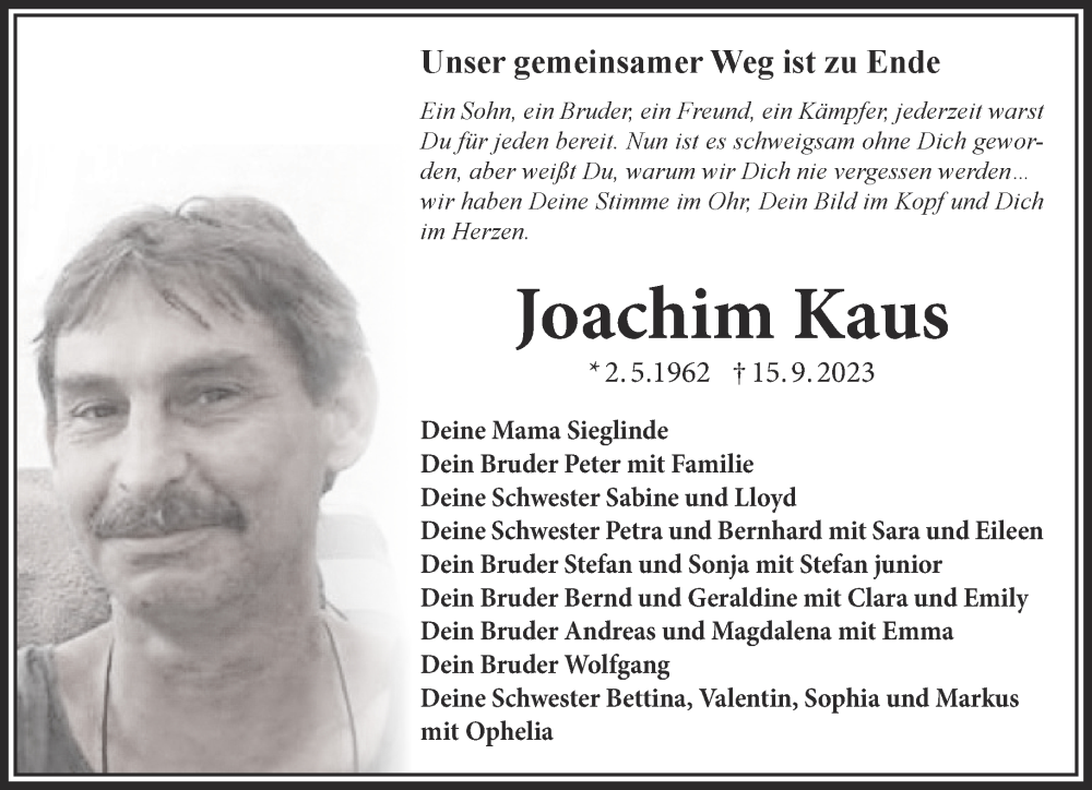  Traueranzeige für Joachim Kaus vom 23.09.2023 aus Mittelhessen-Bote