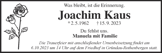Traueranzeige von Joachim Kaus von Gelnhäuser Neue Zeitung