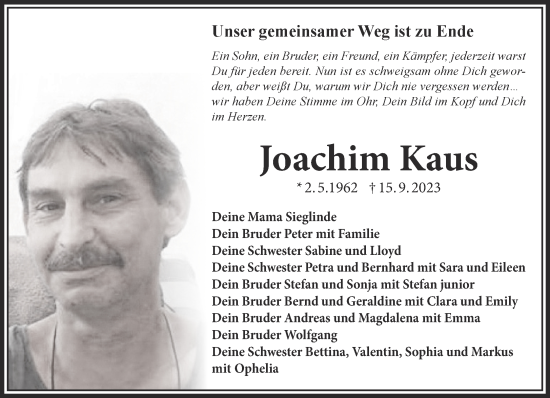 Traueranzeige von Joachim Kaus von Gelnhäuser Neue Zeitung