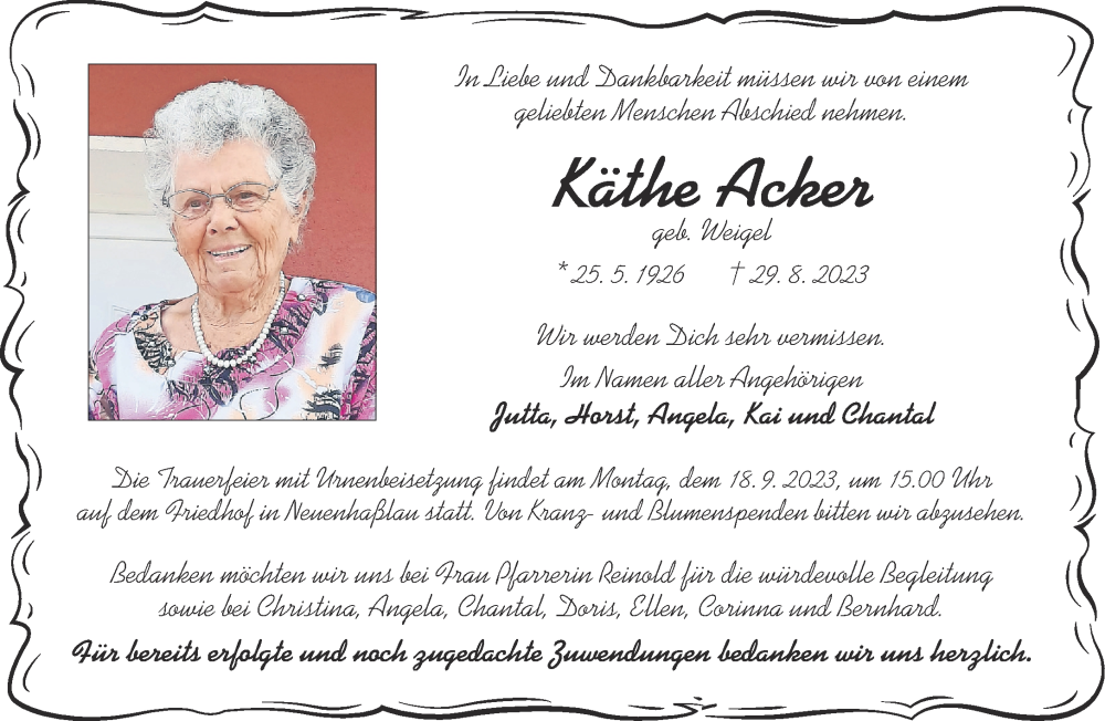 Traueranzeige für Käthe Acker vom 09.09.2023 aus Gelnhäuser Neue Zeitung