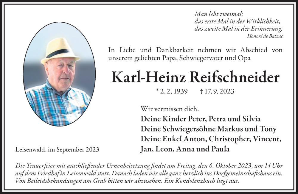  Traueranzeige für Karl-Heinz Reifschneider vom 30.09.2023 aus Gelnhäuser Neue Zeitung