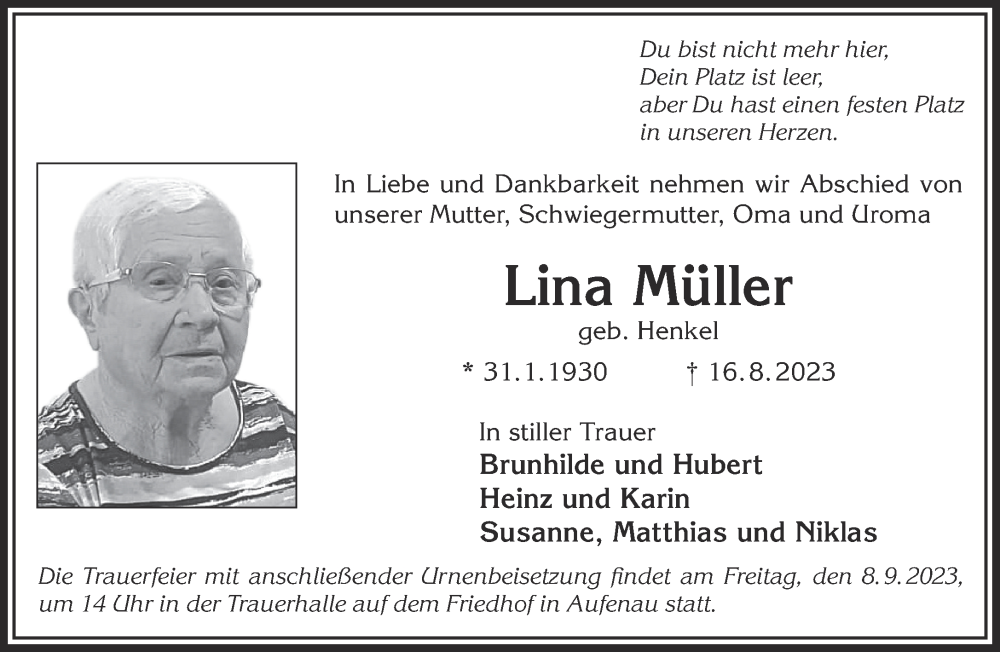  Traueranzeige für Lina Müller vom 02.09.2023 aus Gelnhäuser Neue Zeitung