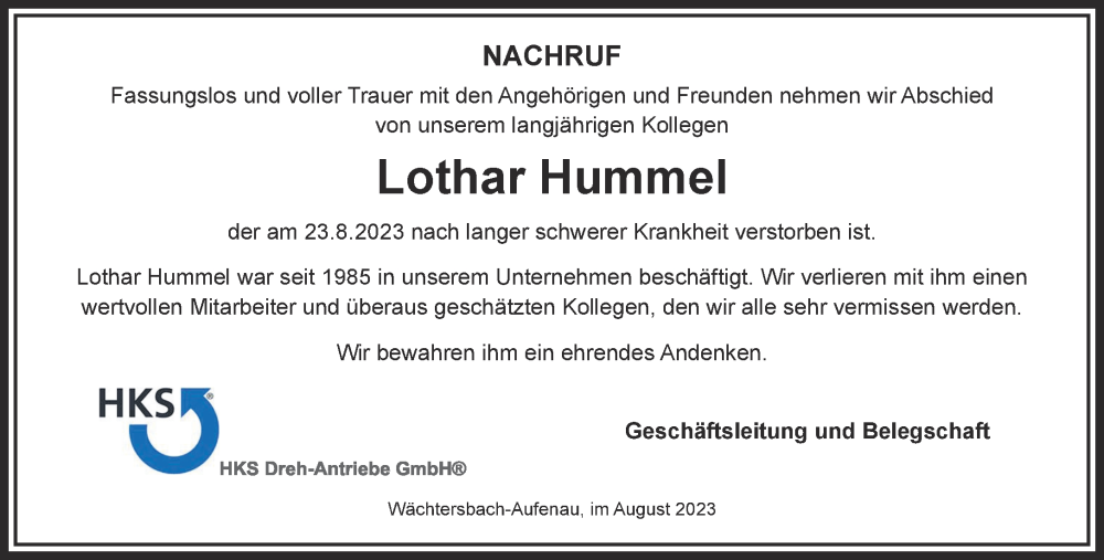  Traueranzeige für Lothar Hummel vom 02.09.2023 aus Gelnhäuser Neue Zeitung