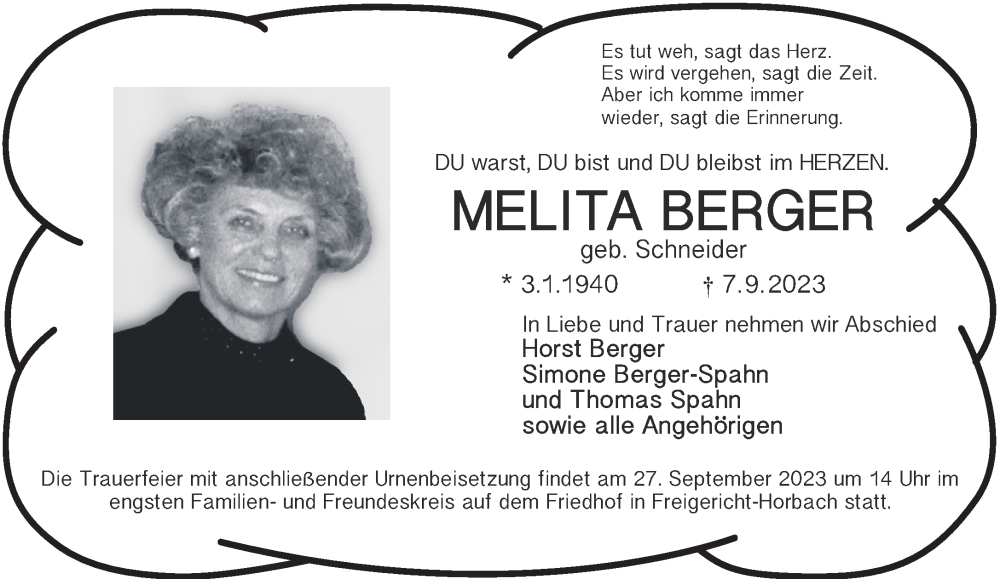  Traueranzeige für Melita Berger vom 23.09.2023 aus Gelnhäuser Neue Zeitung