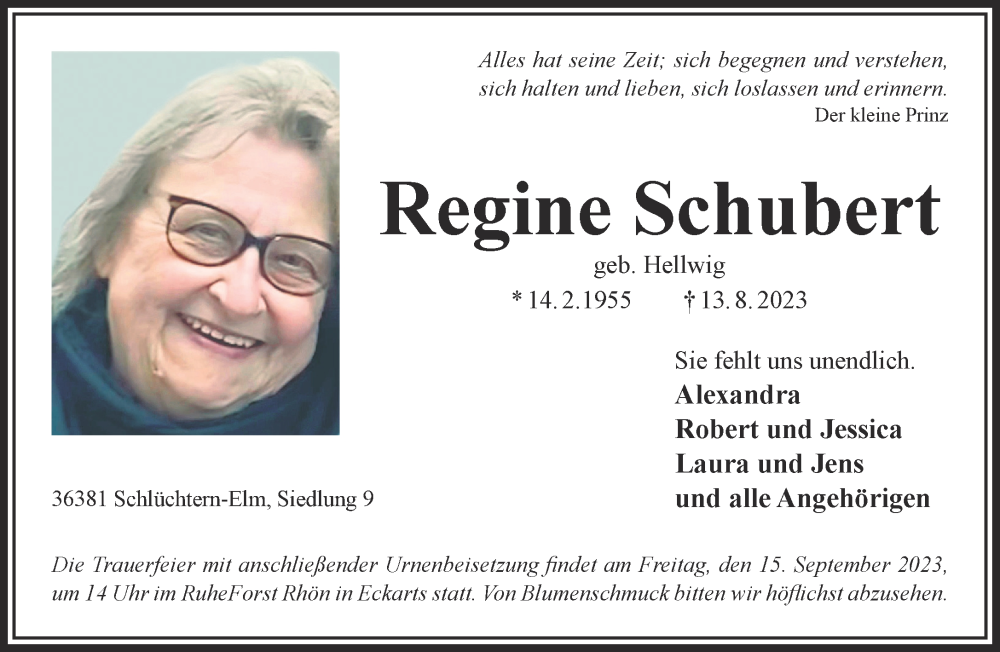  Traueranzeige für Regine Schubert vom 09.09.2023 aus Gelnhäuser Neue Zeitung