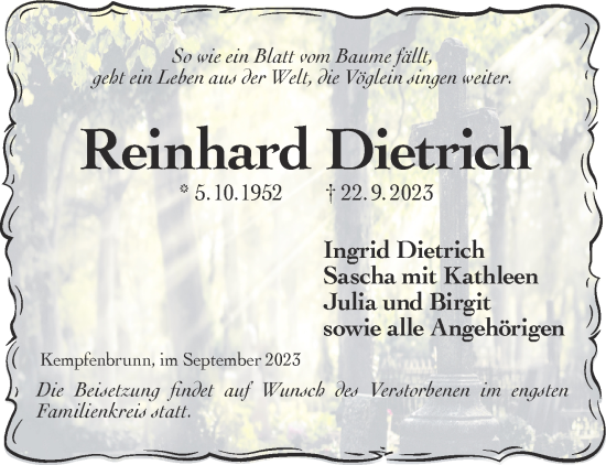 Traueranzeige von Reinhard Dietrich von Gelnhäuser Neue Zeitung