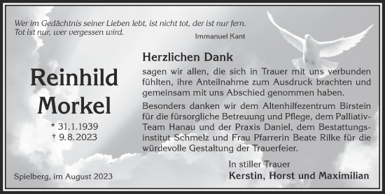 Traueranzeige von Reinhild Morkel von Gelnhäuser Neue Zeitung