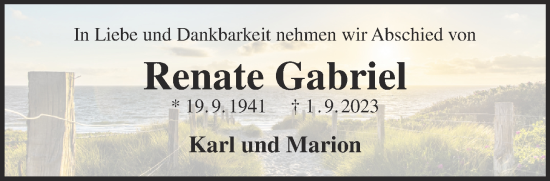 Traueranzeige von Renate Gabriel von Gelnhäuser Neue Zeitung