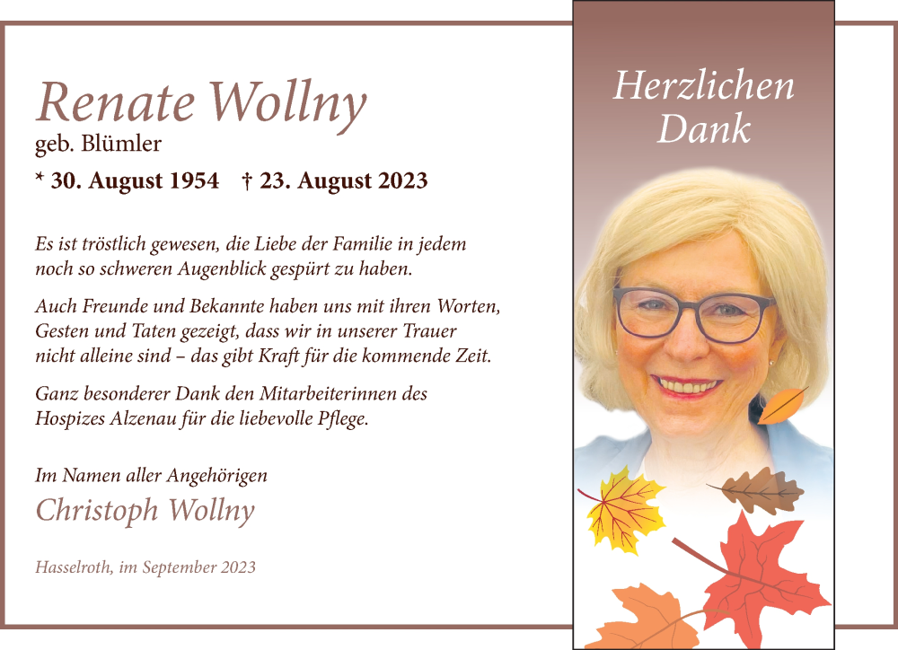  Traueranzeige für Renate Wollny vom 23.09.2023 aus Gelnhäuser Neue Zeitung