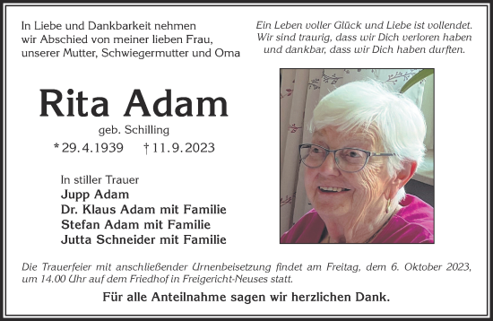 Traueranzeige von Rita Adam von Gelnhäuser Neue Zeitung