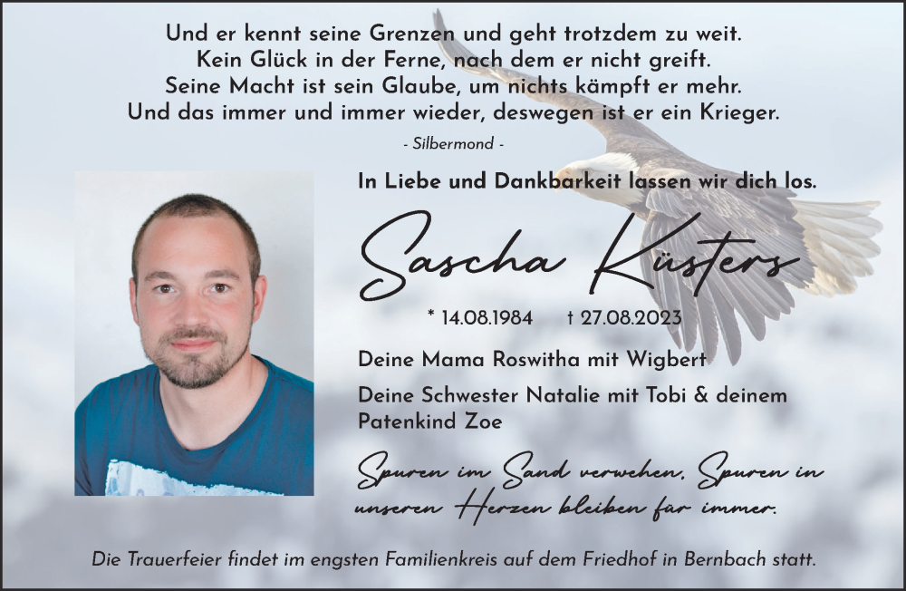  Traueranzeige für Sascha Küsters vom 09.09.2023 aus Gelnhäuser Neue Zeitung