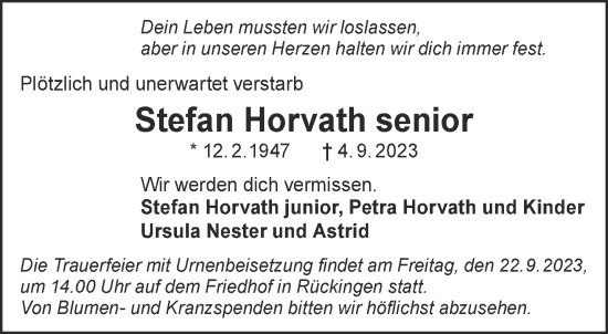 Traueranzeige von Stefan Horvath von Gelnhäuser Neue Zeitung
