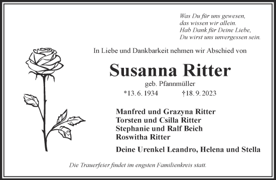 Traueranzeige von Susanna Ritter von Gelnhäuser Neue Zeitung