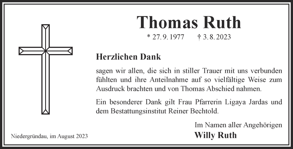  Traueranzeige für Thomas Ruth vom 02.09.2023 aus Gelnhäuser Neue Zeitung