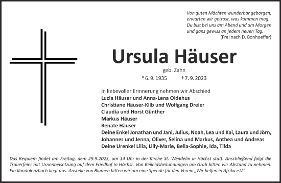Traueranzeige von Ursula Häuser von Mittelhessen-Bote