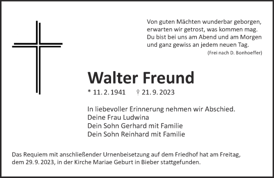 Traueranzeige von Walter Freund von Mittelhessen-Bote