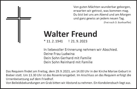Traueranzeige von Walter Freund von Gelnhäuser Neue Zeitung