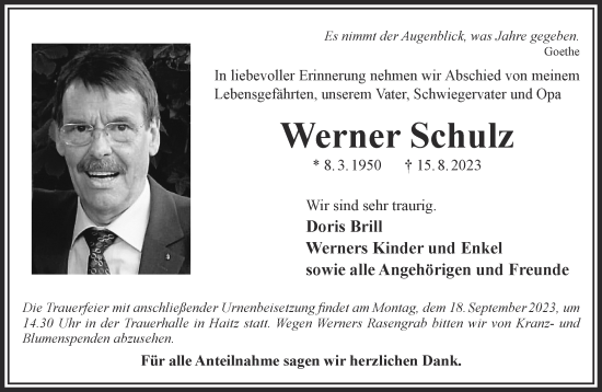 Traueranzeige von Werner Schulz von Gelnhäuser Neue Zeitung