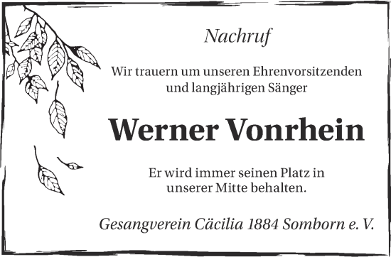 Traueranzeige von Werner Vonrhein von Gelnhäuser Neue Zeitung