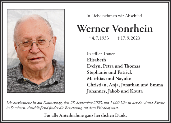 Traueranzeige von Werner Vonrhein von Gelnhäuser Neue Zeitung