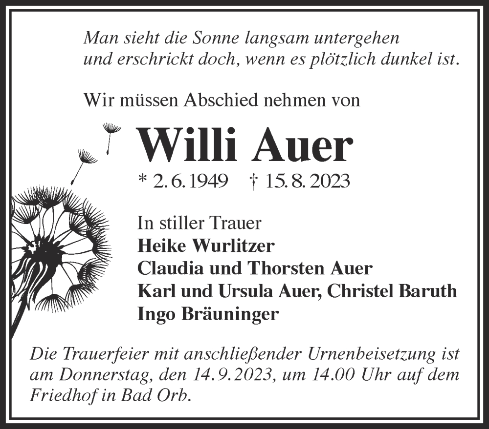  Traueranzeige für Willi Auer vom 02.09.2023 aus Mittelhessen-Bote