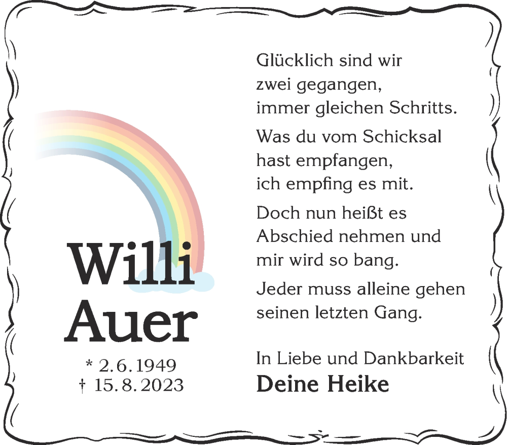  Traueranzeige für Willi Auer vom 02.09.2023 aus Gelnhäuser Neue Zeitung