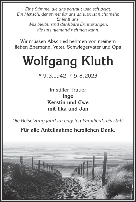Traueranzeige von Wolfgang Kluth von Gelnhäuser Neue Zeitung