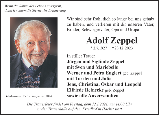 Traueranzeige von Adolf Zeppel von Gelnhäuser Neue Zeitung