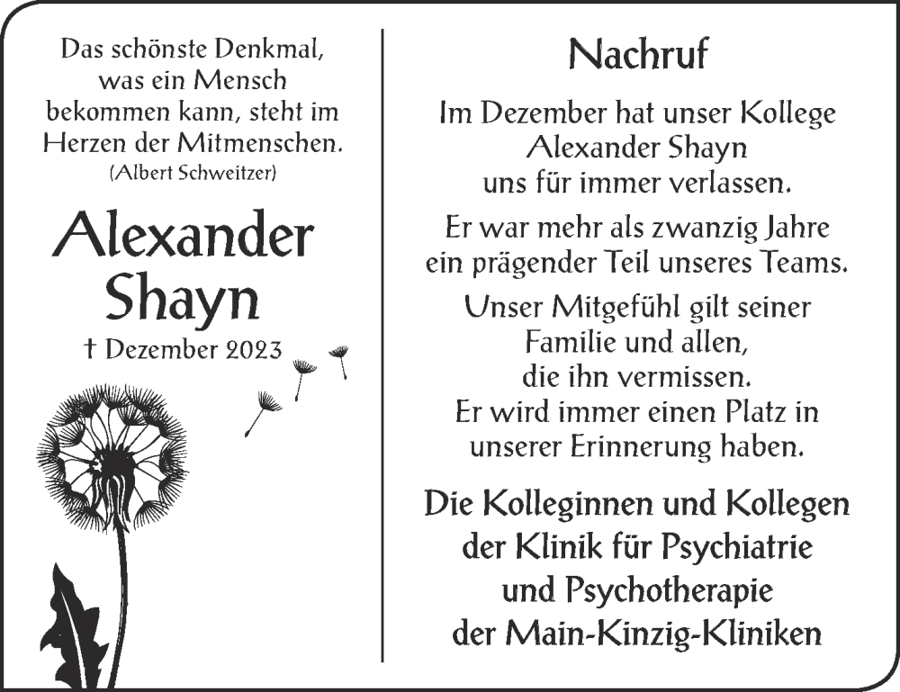  Traueranzeige für Alexander Shayn vom 13.01.2024 aus Mittelhessen-Bote