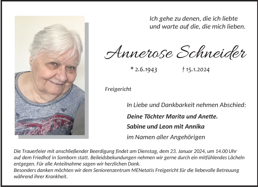  Traueranzeige für Annerose Schneider vom 20.01.2024 aus Mittelhessen-Bote