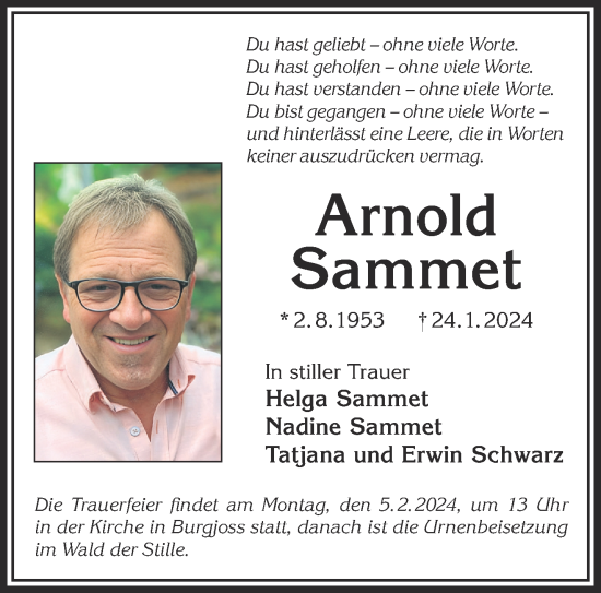 Traueranzeige von Arnold Sammet von Gelnhäuser Neue Zeitung