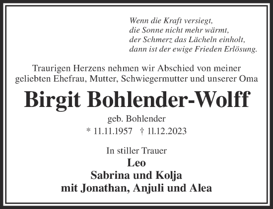 Traueranzeige von Birgit Bohlender-Wolff von Gelnhäuser Neue Zeitung